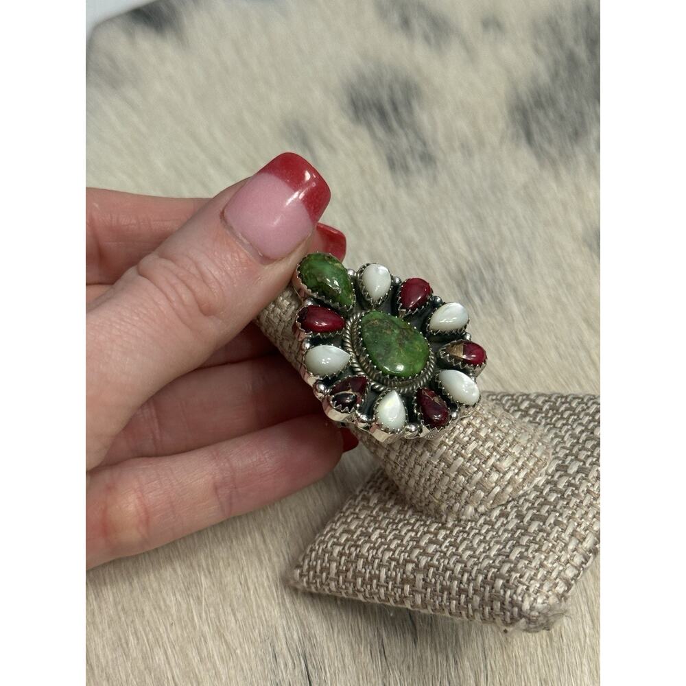 Sterling Silver Sonoran Gold Turquoise Red Dahlia MOP Huge Cluster Ring Adjust - Picture 7 of 14